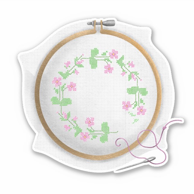 Pink flowers with vines cross-stitch - ROSE (Front)