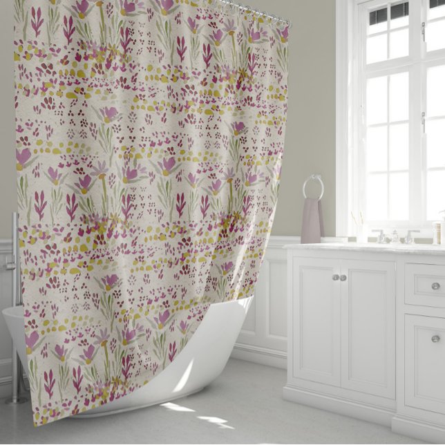 Pink Flowers With Yellow Centres In A Meadow  Shower Curtain (Pink Flowers With Yellow Centers In A Meadow Shower Curtain by Jenn Steffen for Studio Posies.)