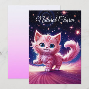 Pink fluffy cute cat surreal blue eyes style invitation