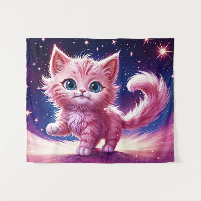Pink fluffy cute cat  surreal blue eyes style tapestry (Front (Horizontal))