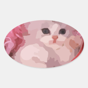 pink fluffy kitten oval sticker