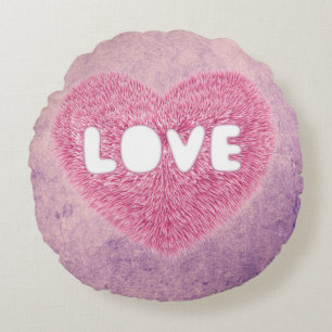 Pink fluffy Love Heart Round Cushion