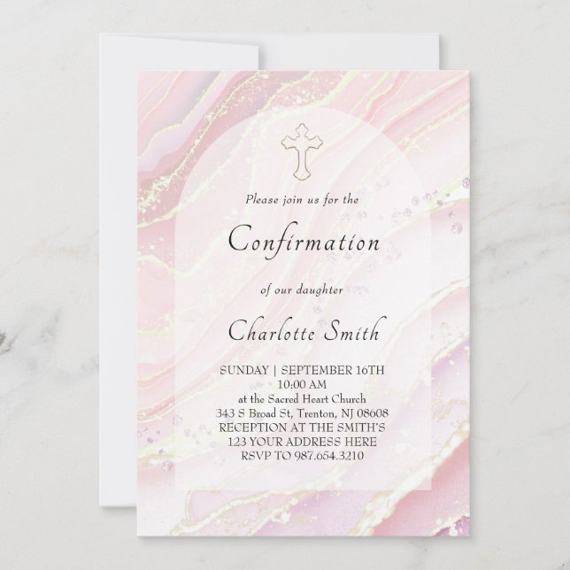 pink fluid marble background Confirmation Invitation (Front)