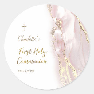 pink fluid marble First Communion Classic Round Sticker