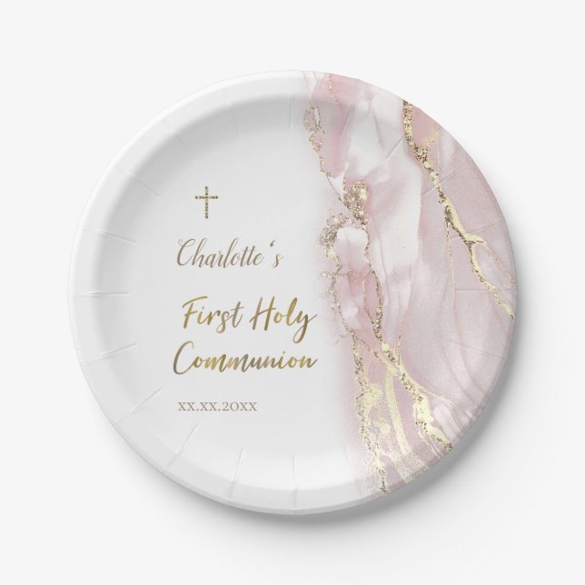 pink fluid marble First Communion Paper Plate (Front)
