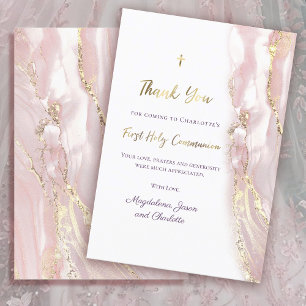pink fluid marble First Communion thank you Invitation
