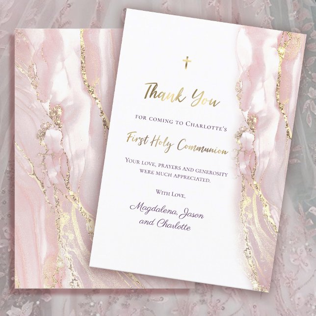 pink fluid marble First Communion thank you Invitation (Creator Uploaded)