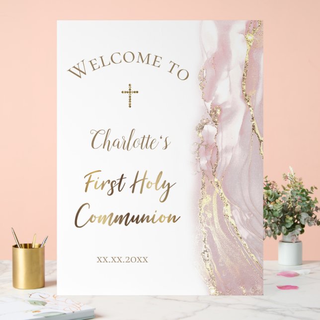 pink fluid marble | First Communion welcome sign (Wedding)