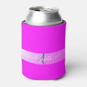 Pink Fluorescent Monogram Can Cooler