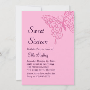 Pink Fluttering Butterflies Sweet Sixteen Invite