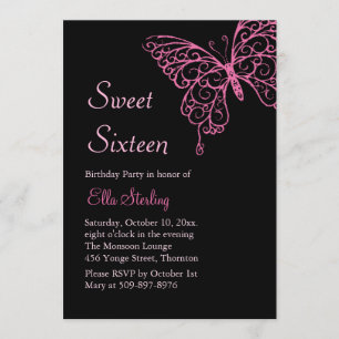 Pink Fluttering Butterflies Sweet Sixteen on Black Invitation