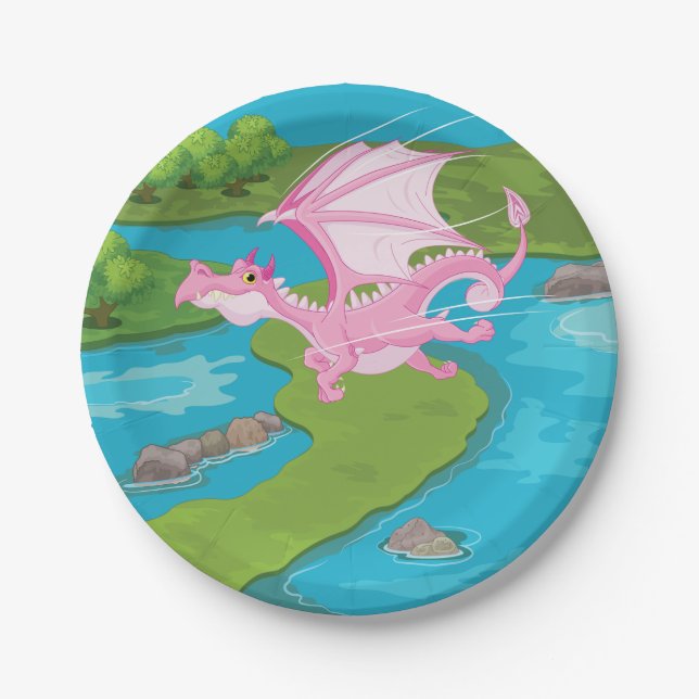Pink Flying Dragon Over River Paper Plate (Front)
