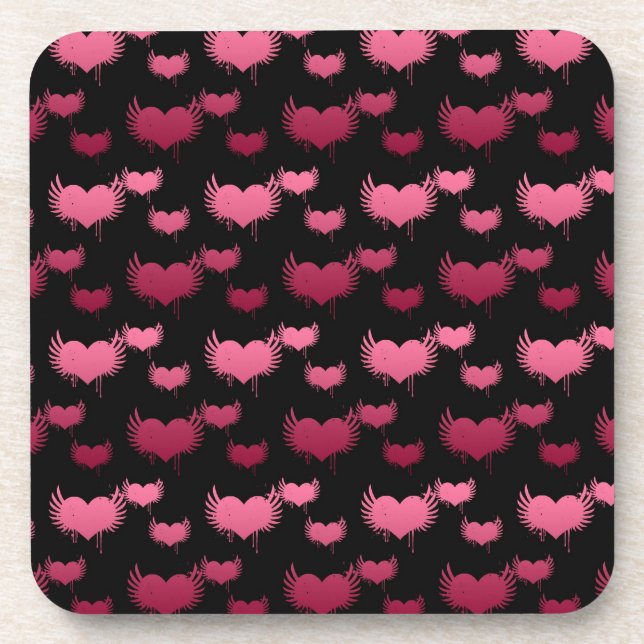 Pink Flying Hearts on Black Coaster (Front)