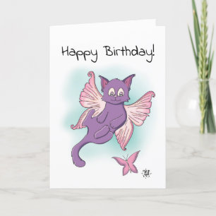 Pink Flying Kitten Happy Birthday Card