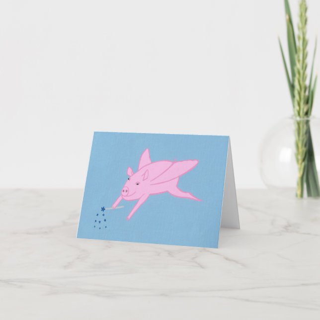Pink Flying Pig Making Blue Stars Note Cards (Front)