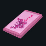 Pink flying stylised butterfly add your name purse trifold wallet<br><div class="desc">Encourage saving with this cute girls flying pink and purple stylised butterfly wallet or purse,  personalise with your girl's name. Currently reads Grace. Uniquely designed by Sarah Trett.</div>