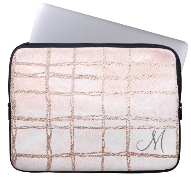 Pink Foil Abstract Line Pattern Monogram Laptop Sleeve (Front)