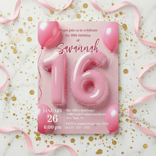 Pink Foil Balloon Typography Sweet 16 Birthday Invitation