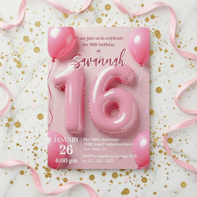 Pink Foil Balloon Typography Sweet 16 Birthday Invitation (Creator Uploaded)