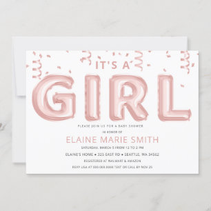 Pink Foil Balloons Confetti Girl Baby Shower Invitation