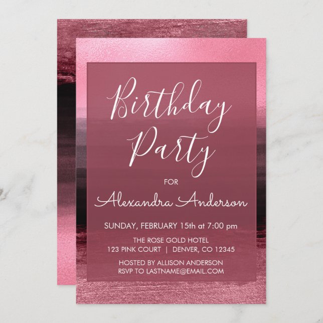 Pink Foil Girly Paint Strokes Any Age  Birthday Invitation (Front/Back)