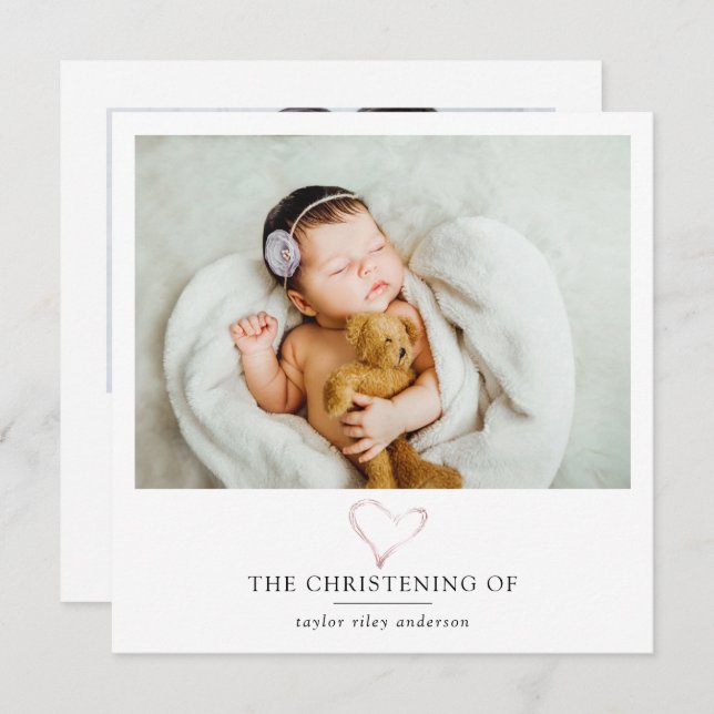 Pink Foil Heart Photo Baptism Christening  Thank You Card (Front/Back)