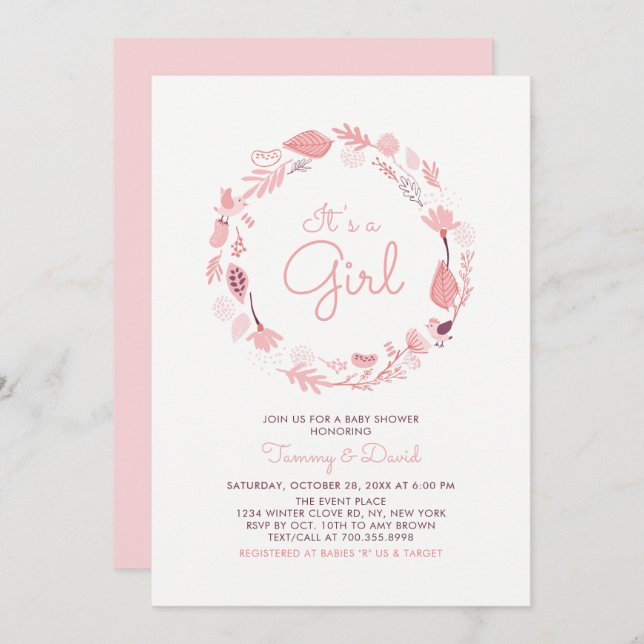 Pink Foliage | Cute Girl Baby Shower Invitation (Front/Back)
