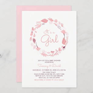 Pink Foliage   Cute Girl Baby Shower Invitation