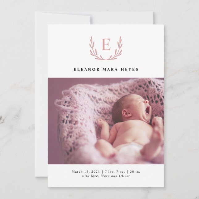 Pink Foliage Wreath Photo Birth Announcement (Front)
