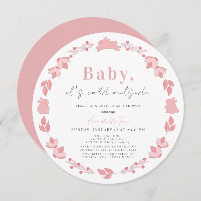Pink Folk Art Baby It's Cold Outside Baby Shower Invitation (Front/Back)
