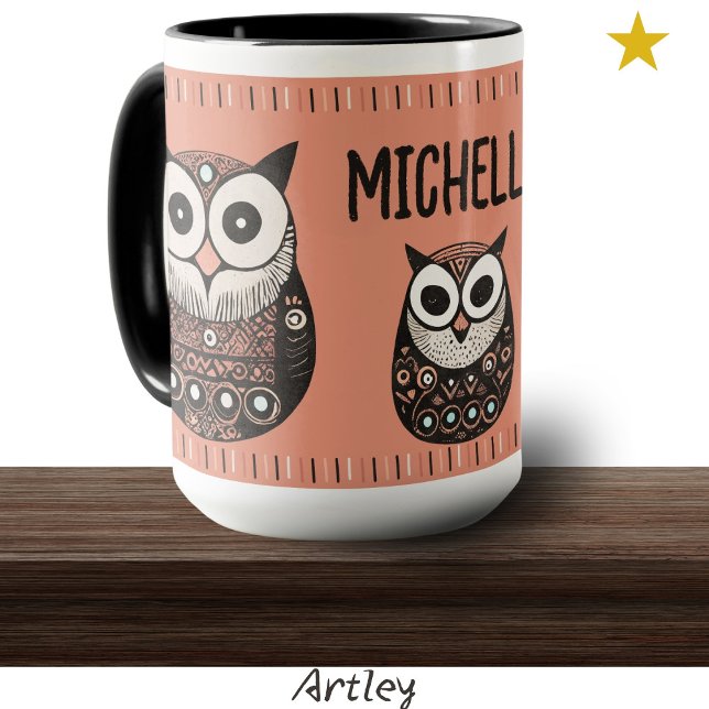 Pink Folk Art Owl Custom Name   Mug (Creator Uploaded)