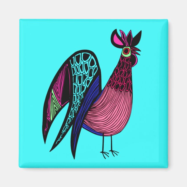 Pink Folk Art Rooster Magnet (Front)