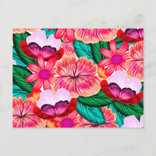 Pink Folkart Summer Bloom Flowers Announcement Postcard