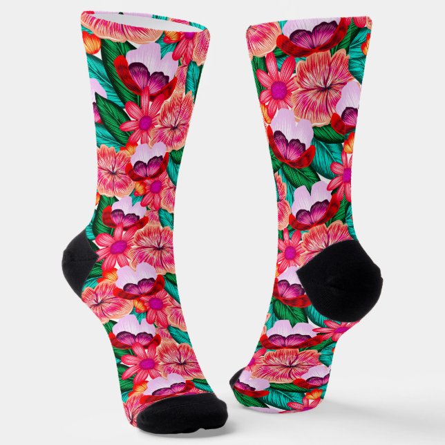 Pink Folkart Summer Bloom Flowers  Socks (Angled)