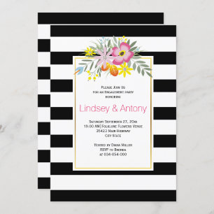 Pink folklore flowers and stripes engagement party invitation