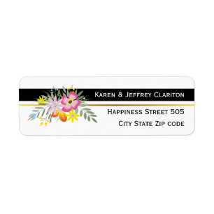 Pink folklore flowers black & white modern wedding return address label