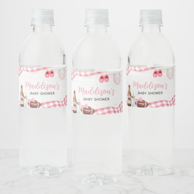 Pink Football Baby Shower Water Bottle Label (Bottles)