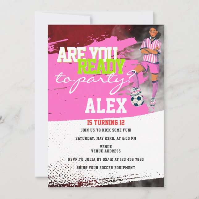 Pink Football Player Soccer Girl Birthday Party Invitation (Front)