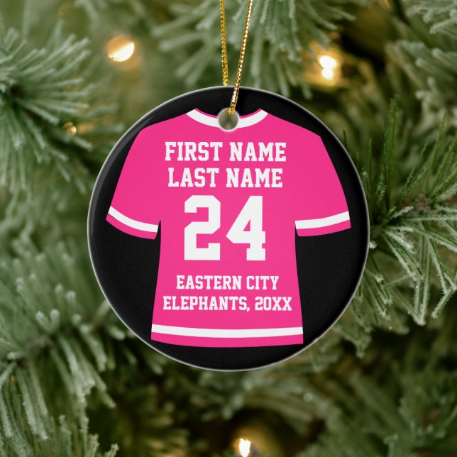 Pink Football Soccer Hockey Sports Jersey Ceramic Ornament (Tree)