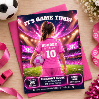Pink football-themed birthday invitation