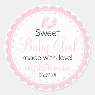 Pink Footprints Baby Shower Scallopped Guest Classic Round Sticker