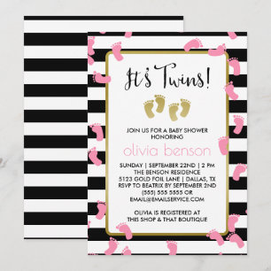 Pink Footprints Black & Gold Twins Baby Shower Invitation