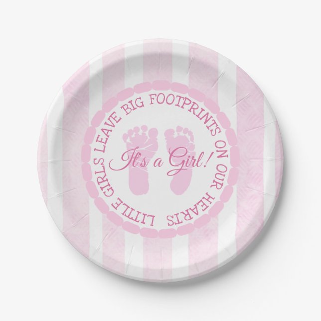 Pink Footprints Girl Baby Shower Paper Plates (Front)