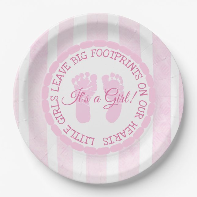 Pink Footprints Girl Baby Shower Paper Plates (Front)