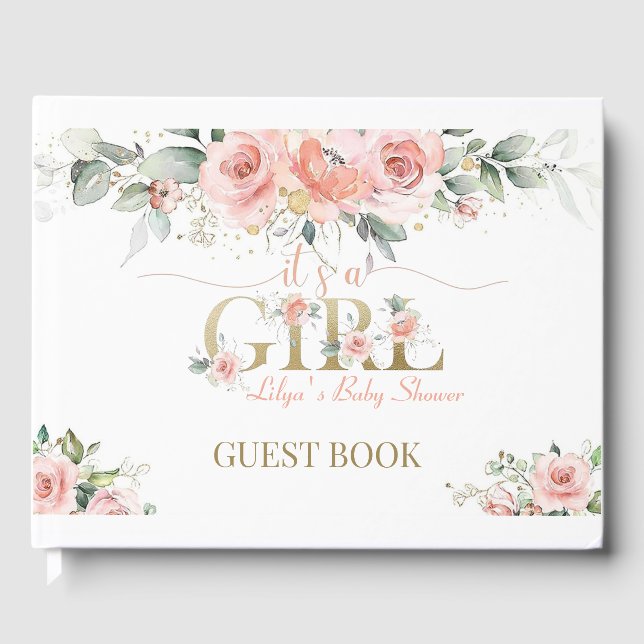 Pink Foral its a Girl Baby Shower Guest Book (Front)