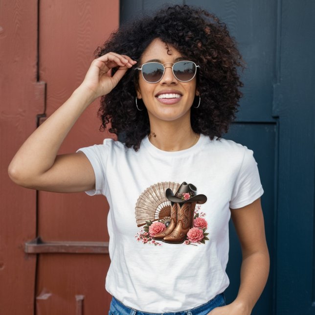 Pink Foral Western Boots, Hat & Fan T-Shirt (Creator Uploaded)