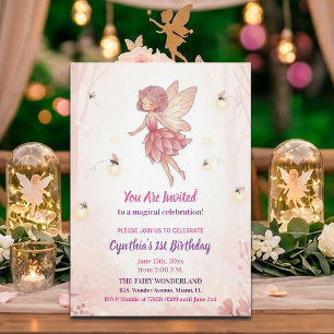 Pink Forest Fairy Fireflies 1st Birthday Party Invitation