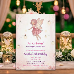 Pink Forest Fairy Fireflies 5th Birthday Party Invitation