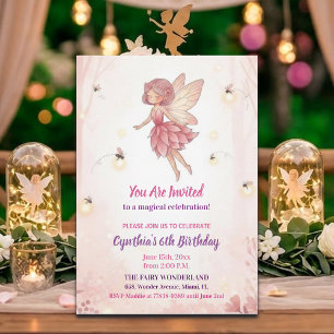 Pink Forest Fairy Fireflies 6th Birthday Party Invitation