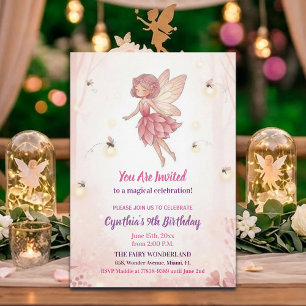 Pink Forest Fairy Fireflies 9th Birthday Party Invitation